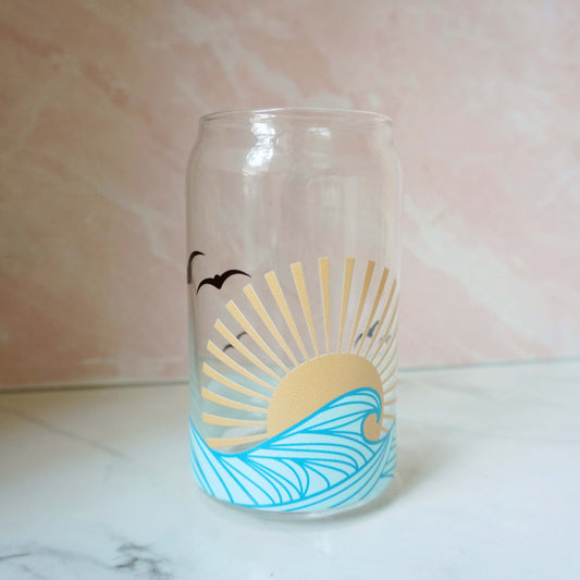 Summer Sun & Beach Waves Beer Can Glass