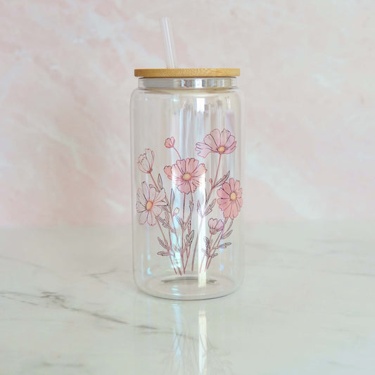 Pink Floral Bunch Iridescent Can Glass