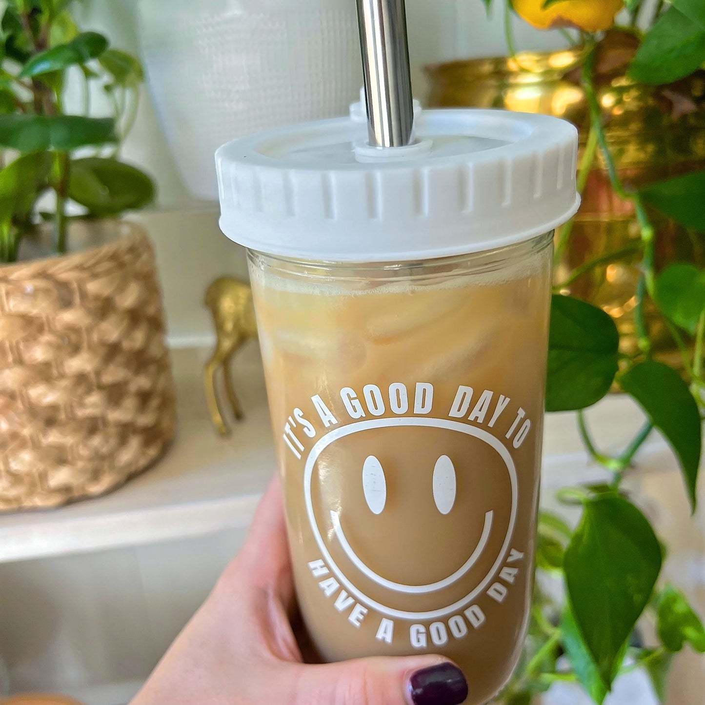 Good Day Happy Face Mason Jar Tumbler