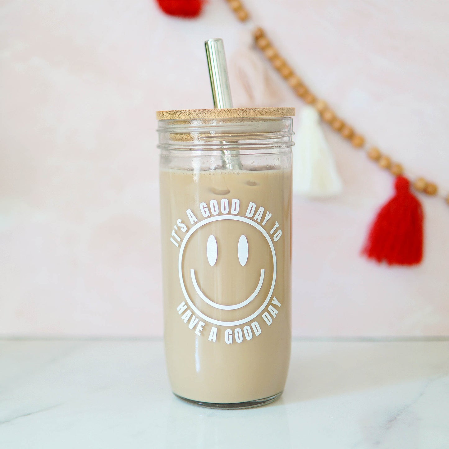 Good Day Happy Face Mason Jar Tumbler