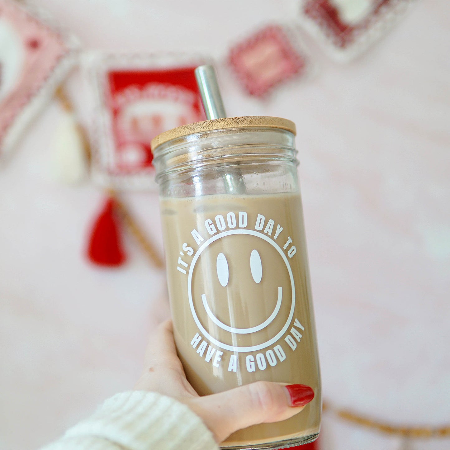 Good Day Happy Face Mason Jar Tumbler